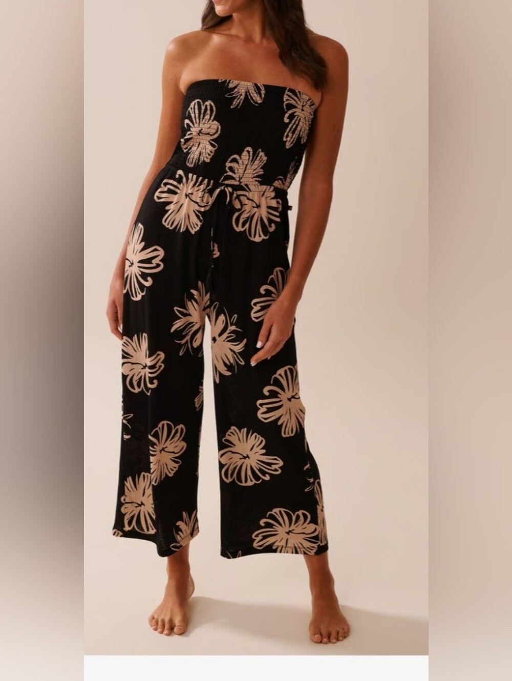 La Vie En Rose Black Wide-Leg Strapless Jumpsuit with Beige Floral